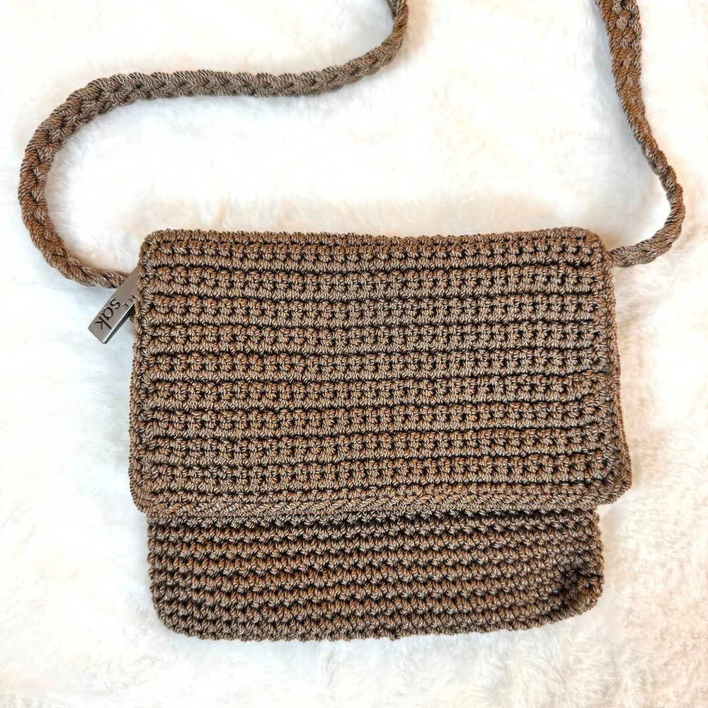 The Sak Crossbody Bag Women Small Brown Crochet Woven Flap Boho Hippie Cabin